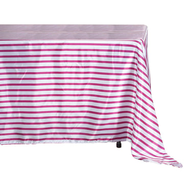 Create a Stunning Tablescape with the White/Fuchsia Seamless Stripe Satin Rectangle Tablecloth