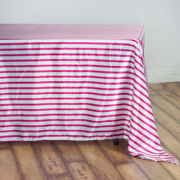 Elevate Your Event with the White/Fuchsia Seamless Stripe Satin Rectangle Tablecloth