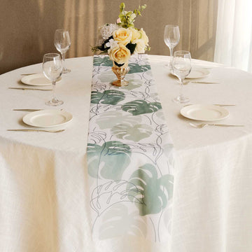 White Green Non-Woven Monstera Palm Leaf Print Table Runner, Spring Summer Kitchen Dining Table Decoration - 11"x108"