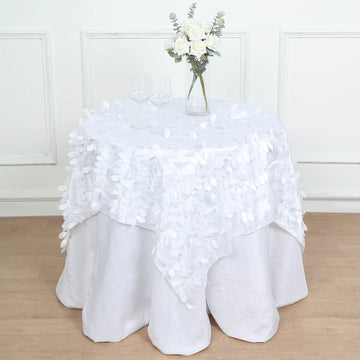 White 3D Leaf Petal Taffeta Fabric Seamless Square Table Overlay 54"
