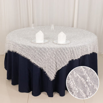 Elevate Your Event Decor with the White Fringe Shag Square Polyester Table Overlay