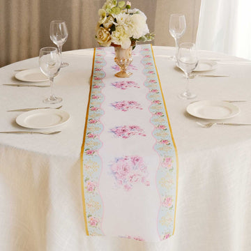 White Pink Non-Woven Peony Floral Table Runner with Gold Edges