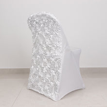 Folding Chair Cover In White Rosette Satin Spandex