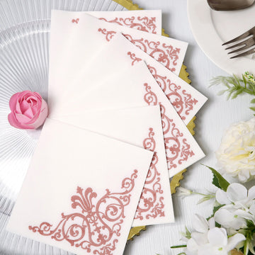 White Soft Linen-Like Airlaid Paper Cocktail Napkins with Rose Gold Fleur Vintage Design 10"x10"