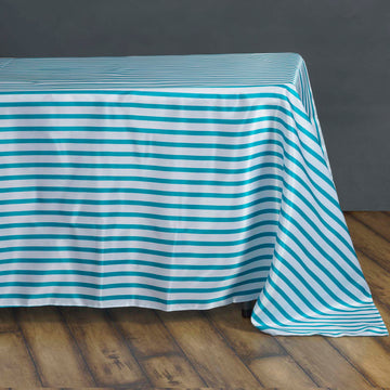 Elevate Your Event with the White/Turquoise Seamless Stripe Satin Rectangle Tablecloth