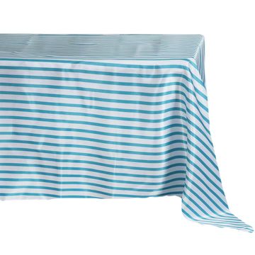 Create a Stunning Tablescape with the White/Turquoise Seamless Stripe Satin Rectangle Tablecloth