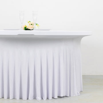 White Wavy Spandex Fitted Round 1-Piece Tablecloth Table Skirt, Stretchy Table Cover with Ruffles - 6ft