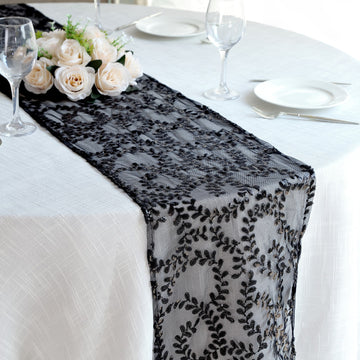 Black Leaf Vine Embroidered Sequin Mesh Like Table Runner 12"x108"