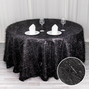 Black Metallic Fringe Shag Tinsel Round Polyester Tablecloth 120"