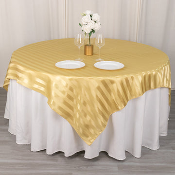 Champagne Satin Stripe Square Table Overlay, Smooth Elegant Table Topper 72"x72"