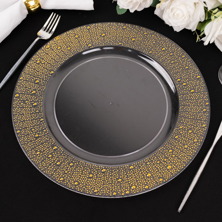 6 Pack | 13inch Clear / Gold Pearl Beaded Plastic Wedding Charger Plates