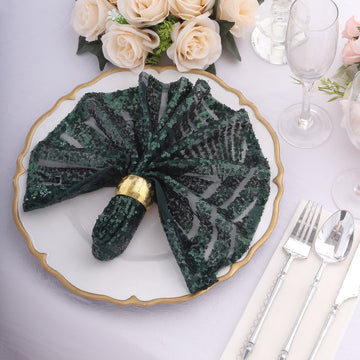 Hunter Emerald Green Geometric Diamond Glitz Sequin Dinner Napkins, Decorative Reusable Cloth Napkins