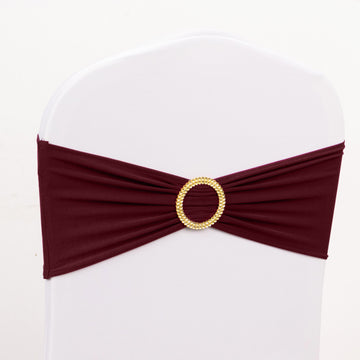 5 Pack Burgundy Spandex Chair Sashes with Gold Rhinestone Buckles, Elegant Stretch Chair Bands and Slide On Brooch Set 5"x14"