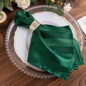 5 Pack Hunter Emerald Green Striped Satin Cloth Napkins, Wrinkle-Free Reusable Dinner Napkins 20"x20"