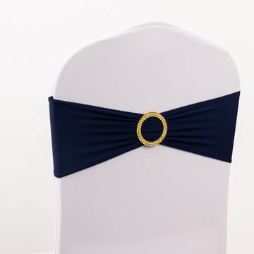 5 Pack Navy Blue Spandex Chair Sashes with Gold Rhinestone Buckles, Elegant Stretch Chair Bands and Slide On Brooch Set 5"x14"