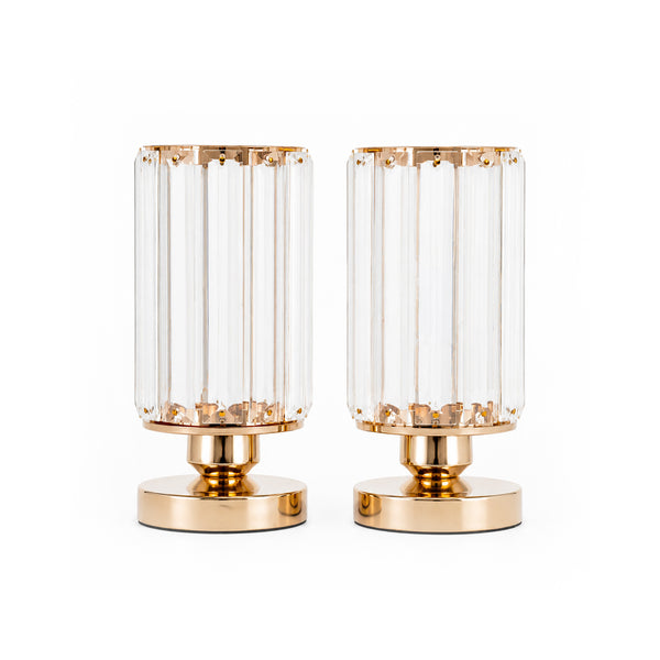 Pair of gold and clear crystal table lamps on white background#whtbkgd