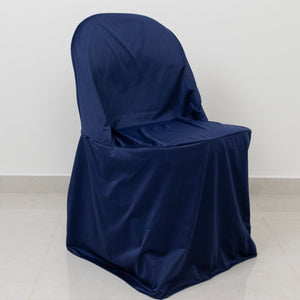 Navy blue chair cover draped over a chair