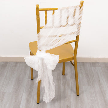 5 Pack White Sheer Crinkled Organza Chair Sashes, Premium Shimmer Chiffon Layered Chair Sashes 6"x108"