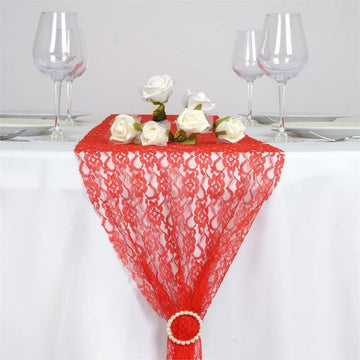 Elevate Your Event with the Red Floral Lace Table Runner