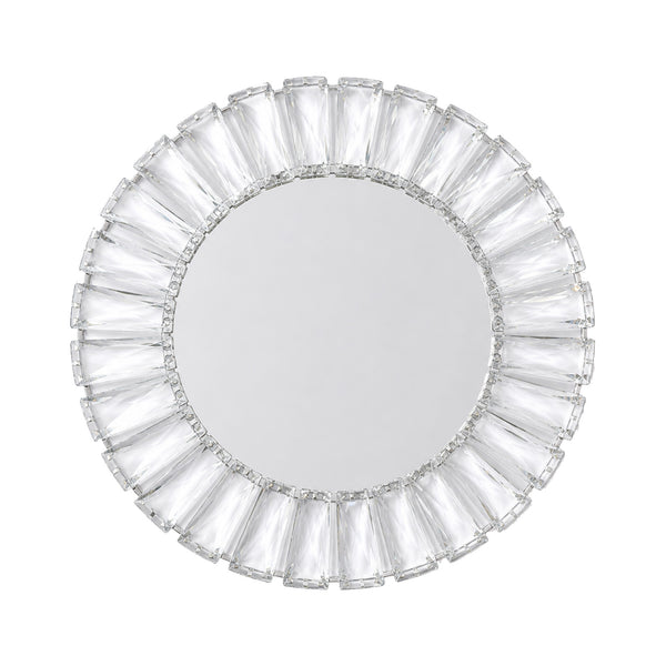 Round crystal wall mirror with faceted glass frame, decorative modern design#whtbkgd
