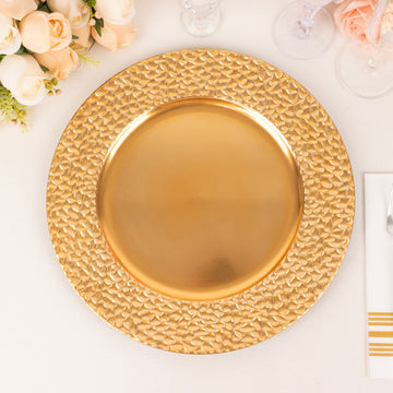 6 Pack Metallic Gold Acrylic Charger Plates With Hammered Rim, 13" Round Decorative Serving Plates