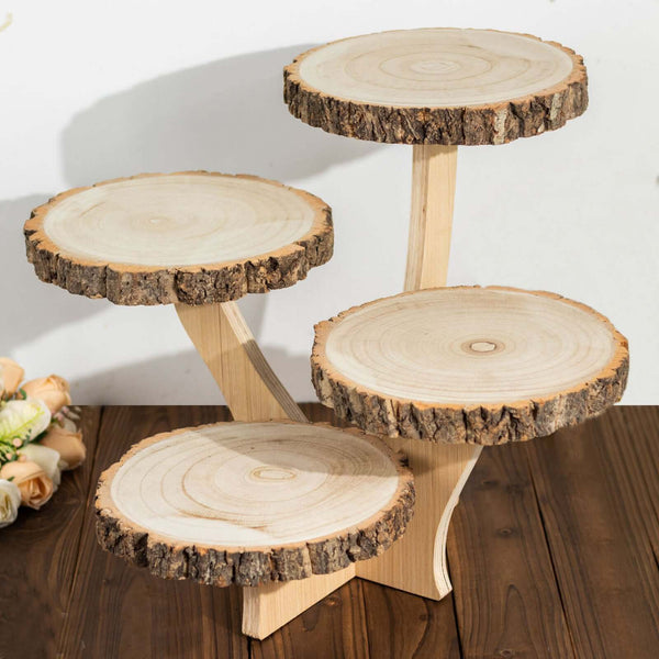 Wooden tiered display stand with natural bark edges