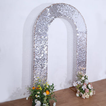 Silver Double-Sided Big Payette Sequin Open Arch Backdrop Cover, U-Shaped Fitted Wedding Arch Slipcover 8ft