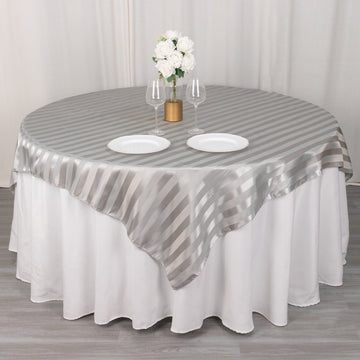Elevate Your Event Decor with the Silver Satin Stripe Square Table Overlay
