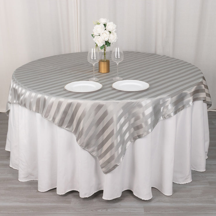 Silver Satin Stripe Square Table Overlay, Smooth Elegant Table Topper