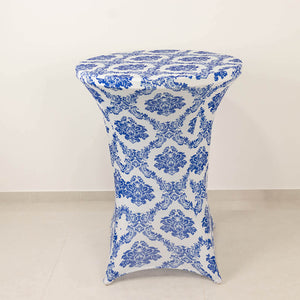 Blue patterned table cover on a tall round table