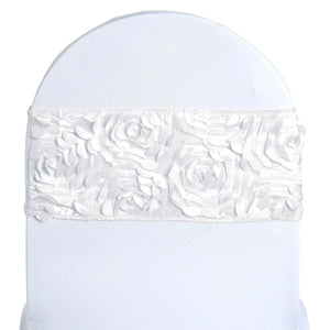 White chair cover with rose-shaped fabric detail