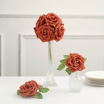 24 Roses Terracotta (Rust) Artificial Foam Flowers With Stem Wire and Leaves 5"