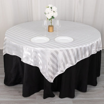 White Satin Stripe Square Table Overlay, Smooth Elegant Table Topper 72"x72"