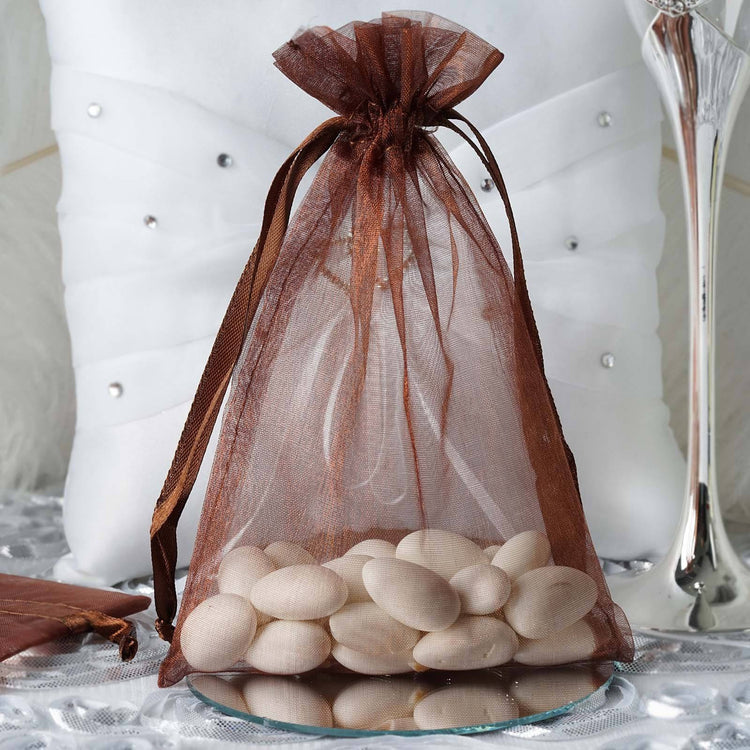 10 Pack | 5x7inch Chocolate Organza Drawstring Wedding Party Favor Gift Bags