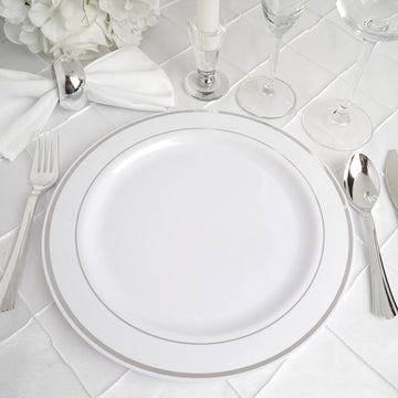 Elevate Your Event with Très Chic Silver Rim White Plastic Dinner Plates