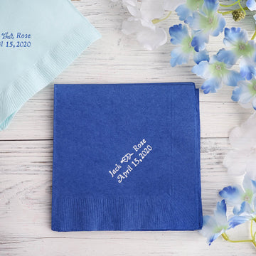 100 Pack Personalized Paper Cocktail Napkins, Custom Wedding Favors With Small Emblem