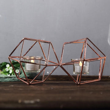Rose Gold Geometric Candle Holder Set - Linked Metal Geometric Centerpieces with Votive Glass Holders 11"