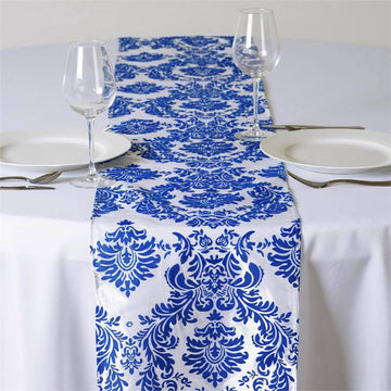 Elevate Your Event with the Royal Blue Taffeta Damask Flocking Table Runner