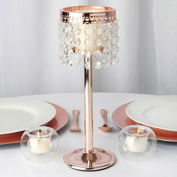 Rose Gold Crystal Beaded Chandelier Votive Pillar Candle Holder, Metal Tealight Candle Stand 12"
