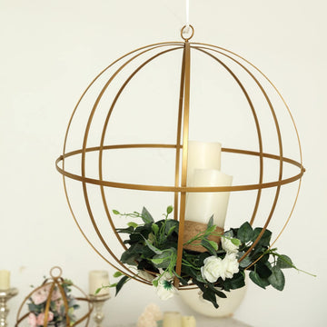 Gold Wrought Iron Open Frame Centerpiece Ball, Candle Holder Floral Display Hanging Sphere 12"
