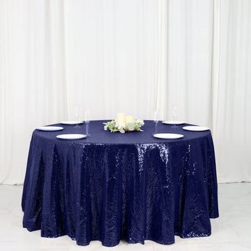 Elevate Your Event with the Navy Blue Seamless Premium Sequin Round Tablecloth 120