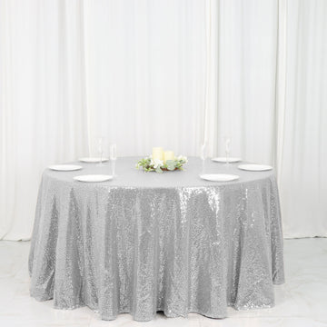 Elevate Your Event with the Silver Seamless Premium Sequin Round Tablecloth 120