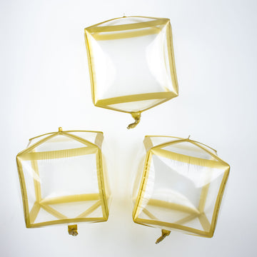 3 Pack Clear/Gold Cube Shaped Mylar Foil Helium/Air Balloons 13" 4D