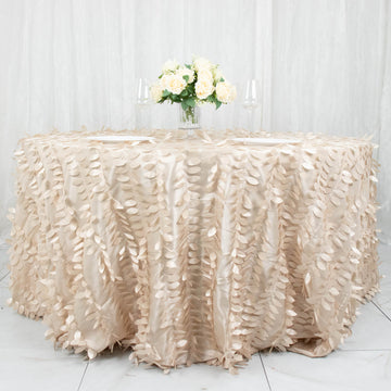 Beige 3D Leaf Petal Taffeta Fabric Seamless Round Tablecloth 132"