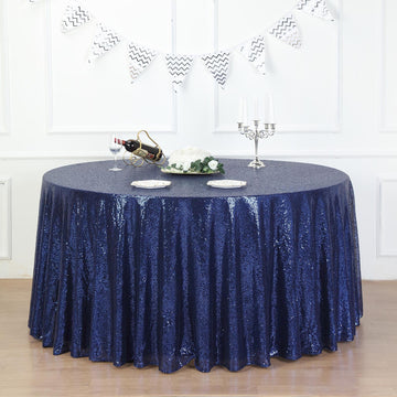 Elevate Your Event with the Navy Blue Seamless Premium Sequin Round Tablecloth