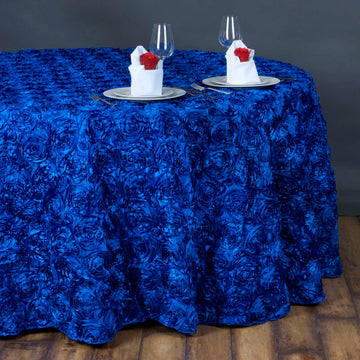 Royal Blue Seamless Grandiose Rosette 3D Satin Round Tablecloth 132"