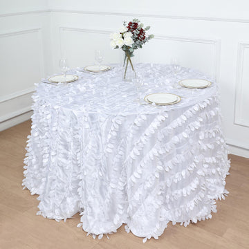 White 3D Leaf Petal Taffeta Fabric Seamless Round Tablecloth 132"