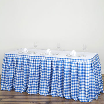 White / Blue Checkered Polyester Table Skirt, Buffalo Plaid Gingham Table Skirt 17ft