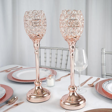 Rose Gold Metal Goblet Acrylic Crystal Votive Candle Holder Set 16'' - Add Elegance and Glamour to Your Table Decor