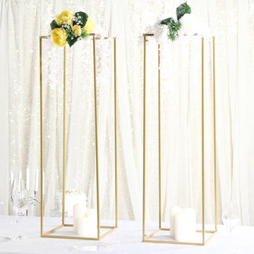 2 Pack Rectangular Gold Metal Wedding Flower Stand, Geometric Column Frame Centerpiece 40"